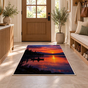 Lake sunset fishing rug in an entryway with a wooden door and bench