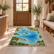 Illustrated lake map rug in an entryway with a wooden door and bench