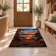Lakeside campfire with chairs rug in an entryway with a wooden door and bench