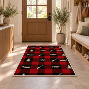 Buffalo plaid lake icons rug in an entryway with a wooden door and bench