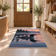 Loon and chick at sunrise rug in an entryway with a wooden door and bench