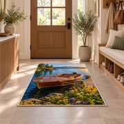 Classic wooden boat at dock rug in an entryway with a wooden door and bench