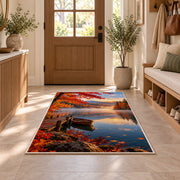 Autumn lake with rowboat rug in an entryway with a wooden door and bench