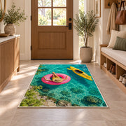Pink float and yellow kayak rug in an entryway with a wooden door and bench