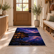 Milky Way over lake cabin rug in an entryway with a wooden door and bench