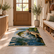 Bass jumping by dock rug in an entryway with a wooden door and bench