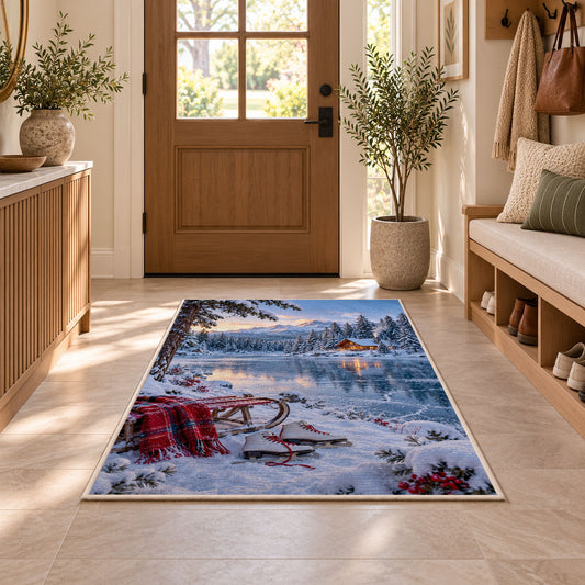 Frozen lake winter scene rug in an entryway with a wooden door and bench
