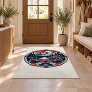Lake house badge emblem rug in an entryway with a wooden door and bench