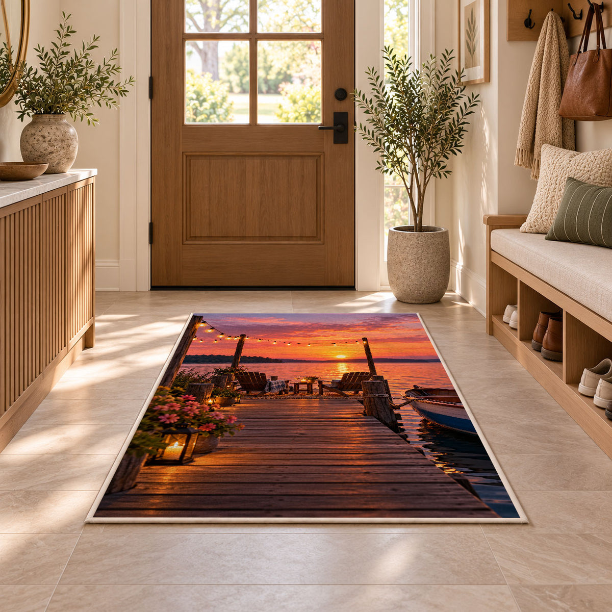 Dock with string lights at sunset rug in an entryway with a wooden door and bench