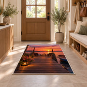 Dock with string lights at sunset rug in an entryway with a wooden door and bench