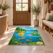 Cartoon pond with duck and frog rug in an entryway with a wooden door and bench