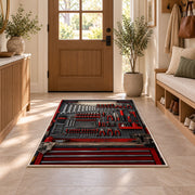 Mechanic tool pegboard rug in an entryway with a wooden door and bench