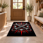 Crossed wrenches and gear rug in an entryway with a wooden door and bench