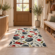 Auto repair tools pattern rug in an entryway with a wooden door and bench