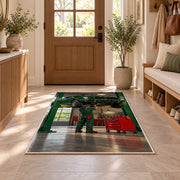 Classic car on a garage lift rug in an entryway with a wooden door and bench