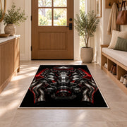V8 engine from above rug in an entryway with a wooden door and bench
