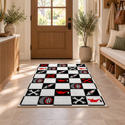 Checkered racing garage rug in an entryway with a wooden door and bench