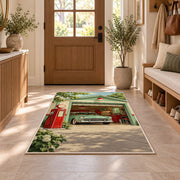 Retro garage with gas pump rug in an entryway with a wooden door and bench
