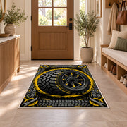 Tire with tire tracks rug in an entryway with a wooden door and bench