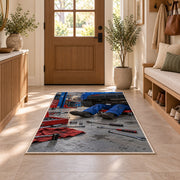 Mechanic working under a car rug in an entryway with a wooden door and bench