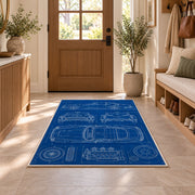Classic car blueprint rug in an entryway with a wooden door and bench