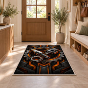 Spark plug and piston emblem rug in an entryway with a wooden door and bench