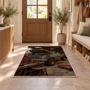 Old pickup truck in a rustic garage rug in an entryway with a wooden door and bench
