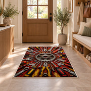 Tools radiating around a gear rug in an entryway with a wooden door and bench