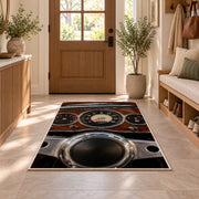 Vintage dashboard gauges rug in an entryway with a wooden door and bench