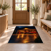 Garage at night with a muscle car rug in an entryway with a wooden door and bench
