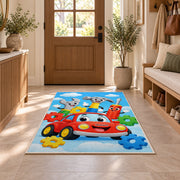 Cartoon tools with smiling faces rug in an entryway with a wooden door and bench