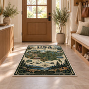 Vintage USA national parks map rug in a sunny entryway