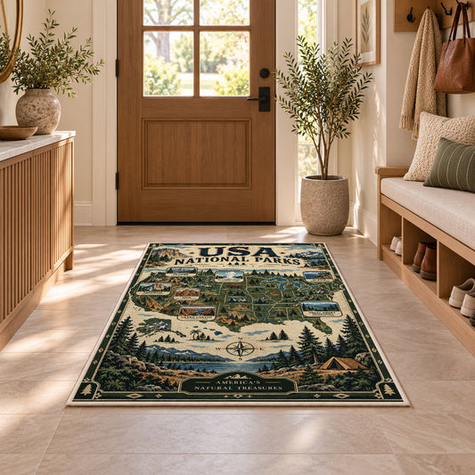 Vintage USA national parks map rug in a sunny entryway
