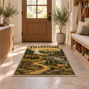 Yellowstone travel poster with bison and elk rug in a sunny entryway