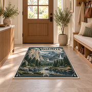 Yosemite Valley travel poster rug in a sunny entryway