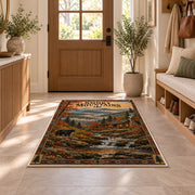 Smoky Mountains autumn cabin poster rug in a sunny entryway
