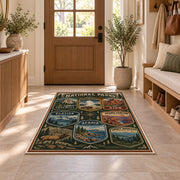 Vintage national parks badge collection rug in a sunny entryway