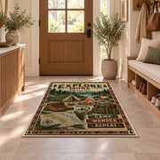 Explore More camping gear rug in a sunny entryway