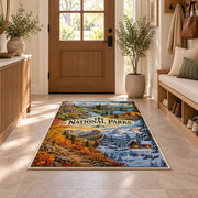 National parks through the seasons rug in a sunny entryway