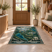 Illustrated Glacier National Park map rug in a sunny entryway