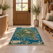 Illustrated Acadia coastal map rug in a sunny entryway