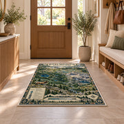 Illustrated Rocky Mountain park map rug in a sunny entryway
