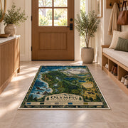 Illustrated Olympic National Park map rug in a sunny entryway