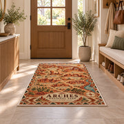 Illustrated Arches National Park map rug in a sunny entryway