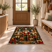 Three Nutcracker Soldiers Rug in an entryway with a wooden door and bench