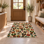 Nutcracker Pattern Christmas Rug in an entryway with a wooden door and bench