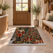 Nutcracker and Christmas Tree Rug in an entryway with a wooden door and bench