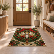 Nutcracker Wreath Christmas Rug in an entryway with a wooden door and bench