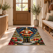 Drummer Nutcracker Rug in an entryway with a wooden door and bench