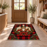 Buffalo Plaid Nutcracker Rug in an entryway with a wooden door and bench